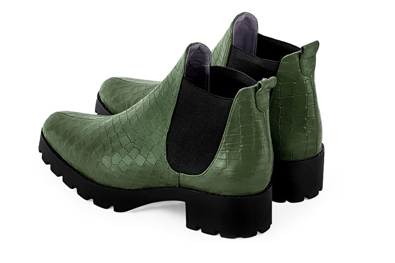 Forest green and matt black women's ankle boots, with elastics. Round toe. Low rubber soles. Rear view - Florence KOOIJMAN